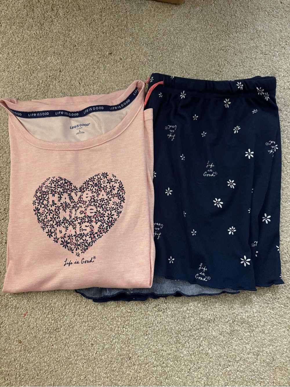 Life Is Good Light Pink Ribbed Sleep Top with Navy Shorts